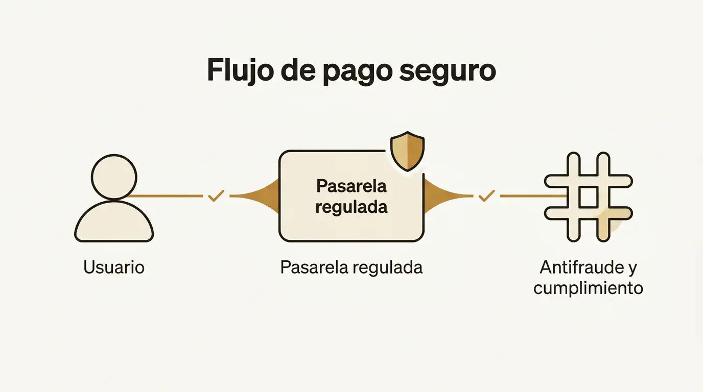 Flujo de pago entre el jugador, el operador con licencia DGOJ y los sistemas antifraude